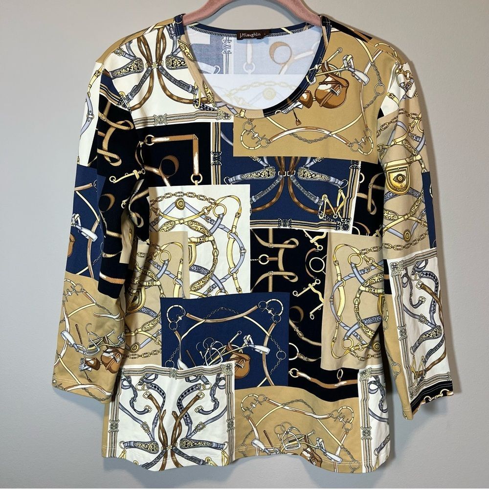 J. McLaughlin Belt Print Catalina Cloth Top Black Tan Equestrian‎ Medium
